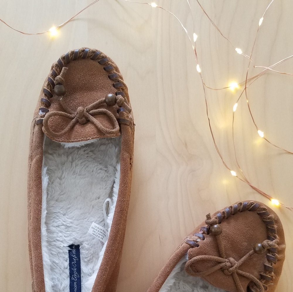 Camel colored suede moccasin